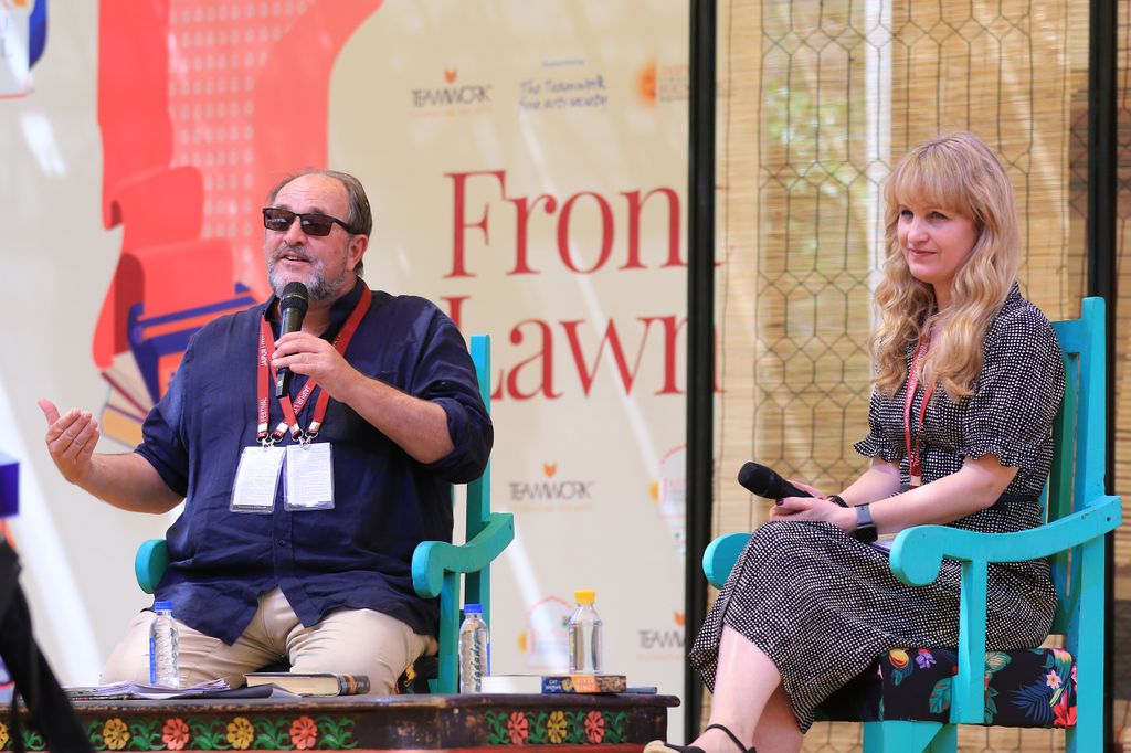 Dr Cat Jarman in conversation with William Dalrymple at a session during the Jaipur Literature Festival 2022