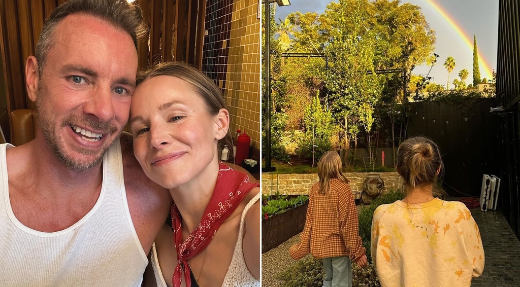 split image of Dax Shepard and Kristen Bell and their two daughters