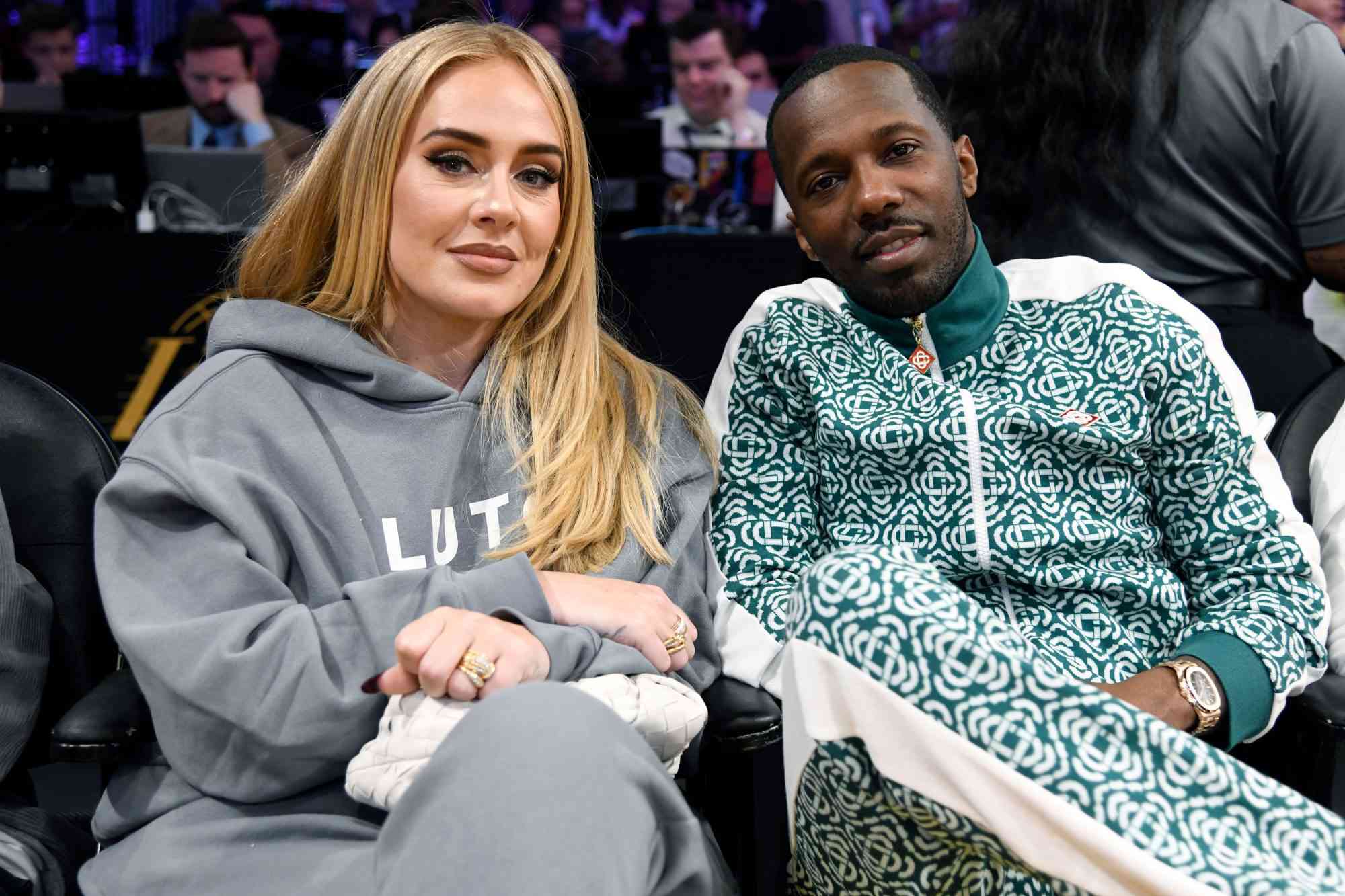 LOS ANGELES, CA - APRIL 28: Adele and Rich Paul attend the basketball game between Los Angeles Lakers and Memphis Grizzlies Round 1 Game 6 of the 2023 NBA Playoffs against Los Angeles Lakers at Crypto.com Arena on April 28, 2023 in Los Angeles, California. (Photo by Kevork Djansezian/Getty Images)