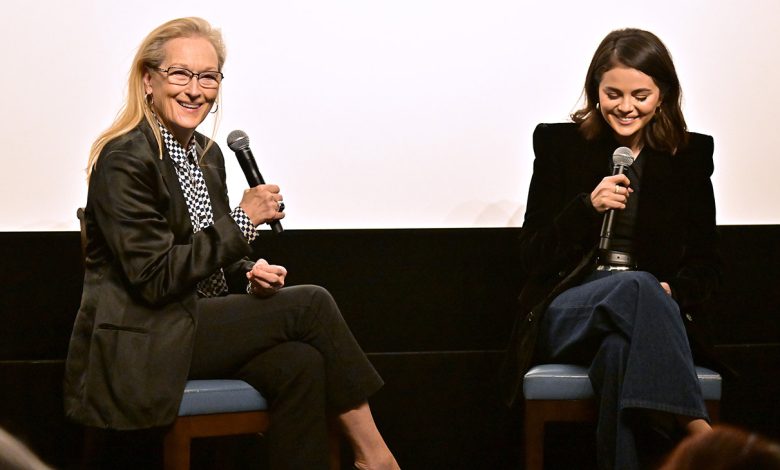 (L-R) Meryl Streep and Selena Gomez speak onstage during the Emilia Pérez Screening & Q&A at San Vicente Bungalows on November 20, 2024 in West Hollywood, California.