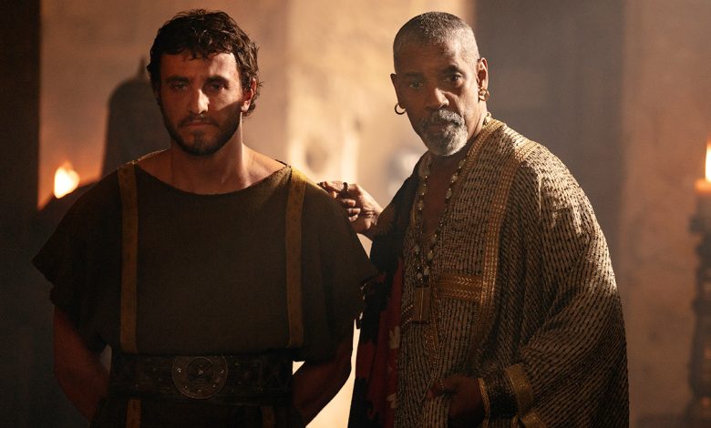 Paul Mescal plays Lucius and Denzel Washington plays Macrinus in Gladiator II from Paramount Pictures.