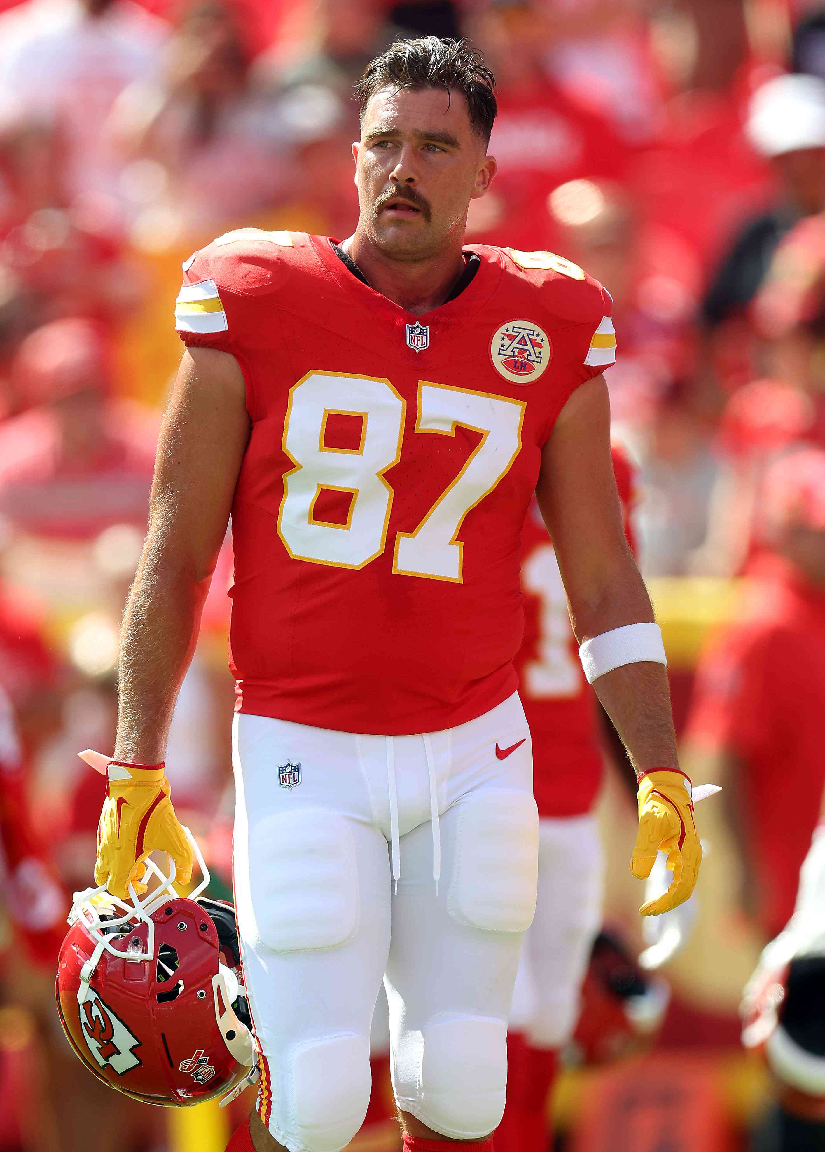 Travis Kelce #87 of the Kansas City Chiefs warms up prior to the game against the Cincinnati Bengals at GEHA Field at Arrowhead Stadium on September 15, 2024 in Kansas City, Missouri.