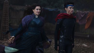 (L-R) Agatha Harkness (Kathryn Hahn) and Billy Maximoff (Joe Locke) in Marvel Television