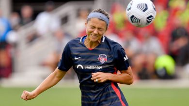 WASHINGTON, DC - AUGUST 22: Washington Spirit forward Ashley Hatch (33) heads a ball toward the goal during the NWSL game between Orlando Pride and Washington Spirit August 22, 2021 at Audi Field in Washington, DC. (Photo by Randy Litzinger/Icon Sportswire via Getty Images)