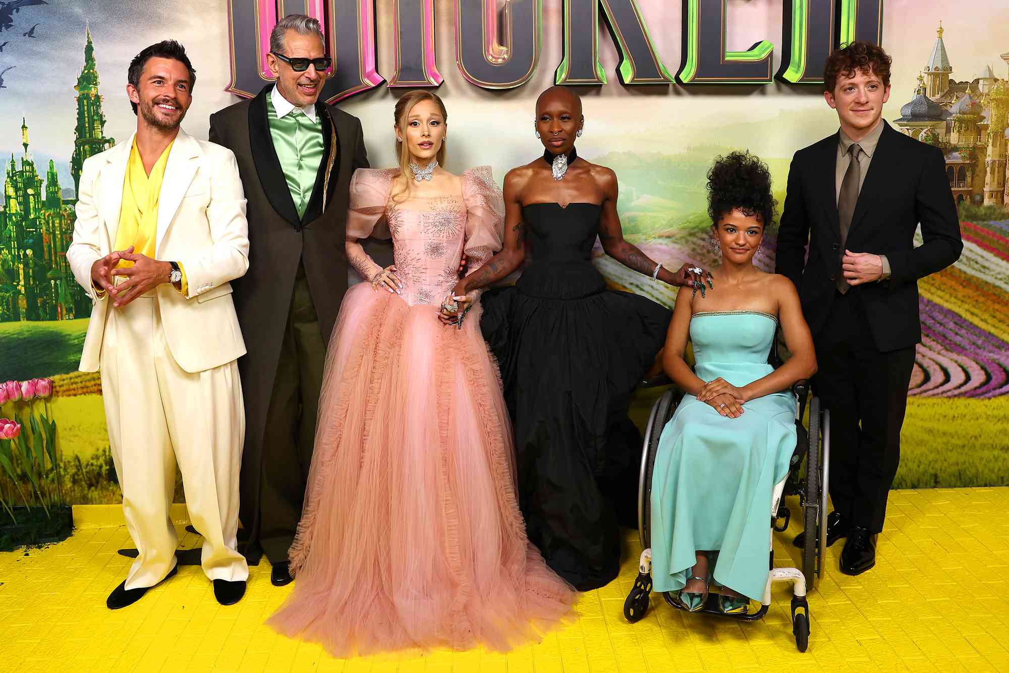 Jonathan Bailey, Jeff Goldblum, Ariana Grande, Cynthia Erivo, Marissa Bode and Ethan Slater attend the Journey Through Oz Tour to celebrate the Australian premiere of Wicked at State Theatre on November 03, 2024 in Sydney, Australia.