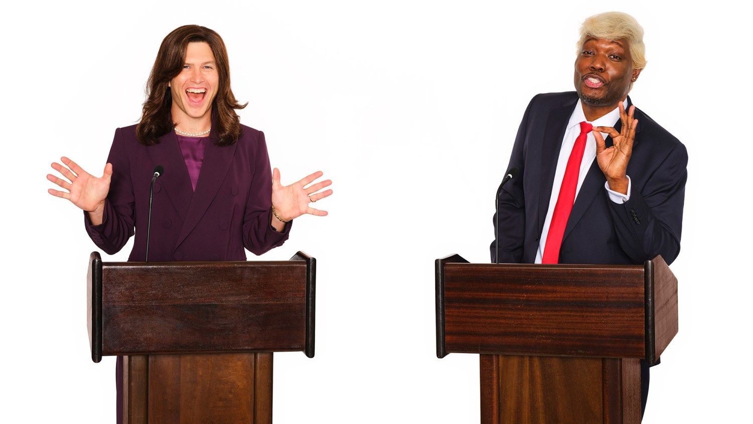 SNL’s Weekend Update anchors Colin Jost (as Kamala Harris) and Michael Che (as Donald Trump) were photographed Sept. 10 at PMC Studios in New York.
