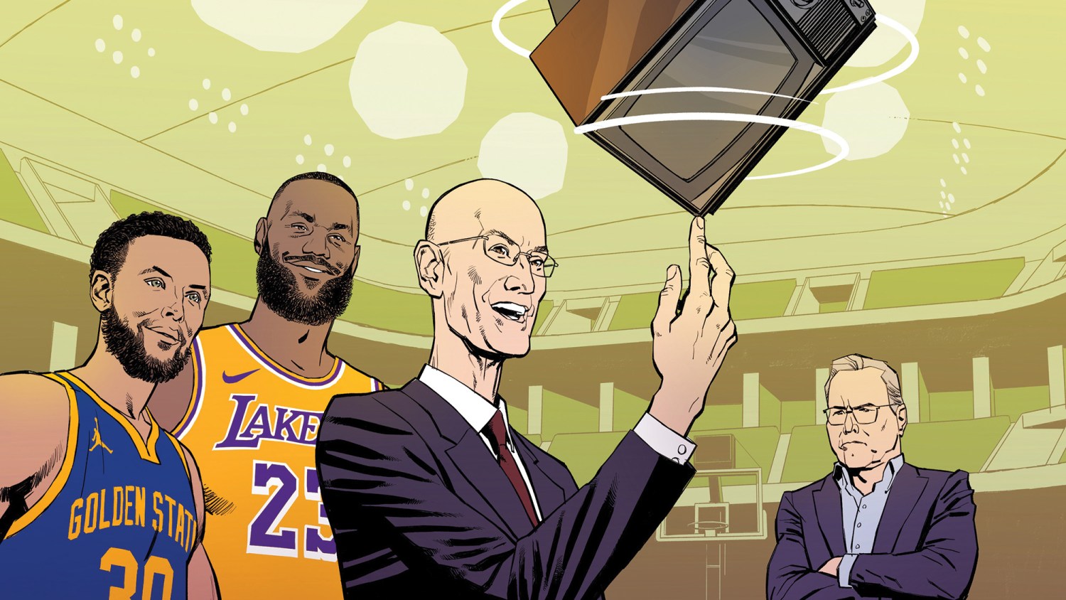 illustration of Steph Curry, Lebron James, Adam Silver and David Zaslav