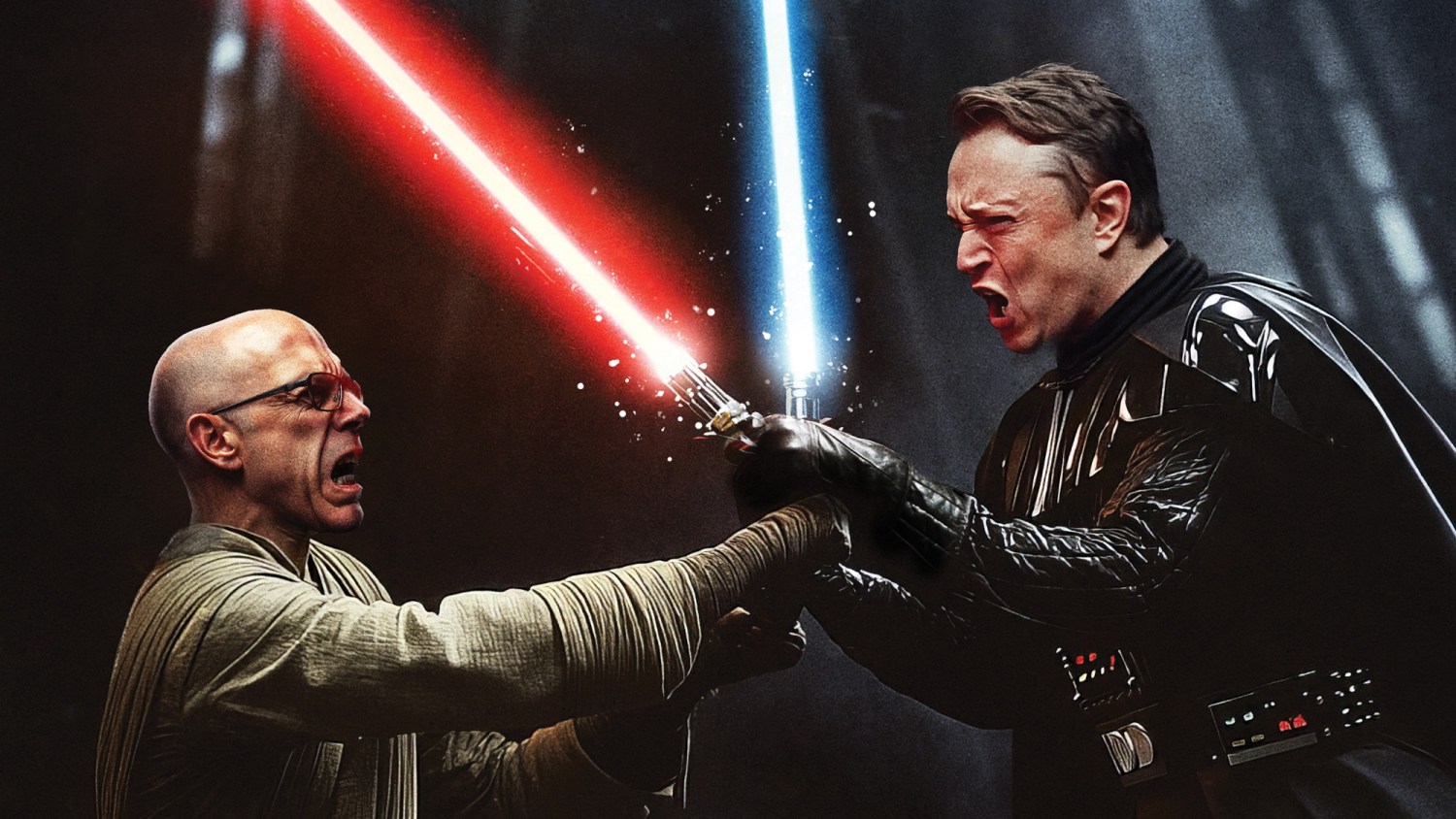 photo-realistic illustration of a man similar to Jeffrey Katzenberg as Luke Skywalker and a man similar to Elon Musk as Darth Vader, fighting with light sabers