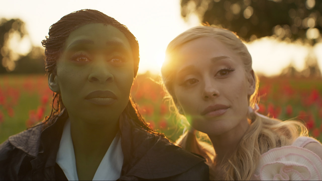 L to R: Cynthia Erivo is Elphaba and Ariana Granda is Glinda in Wicked