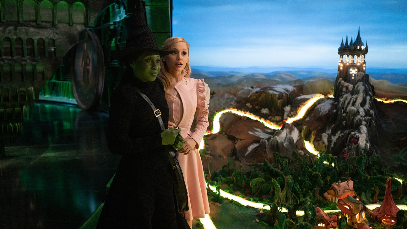 L to R: Cynthia Erivo is Elphaba and Ariana Grande is Glinda in Wicked