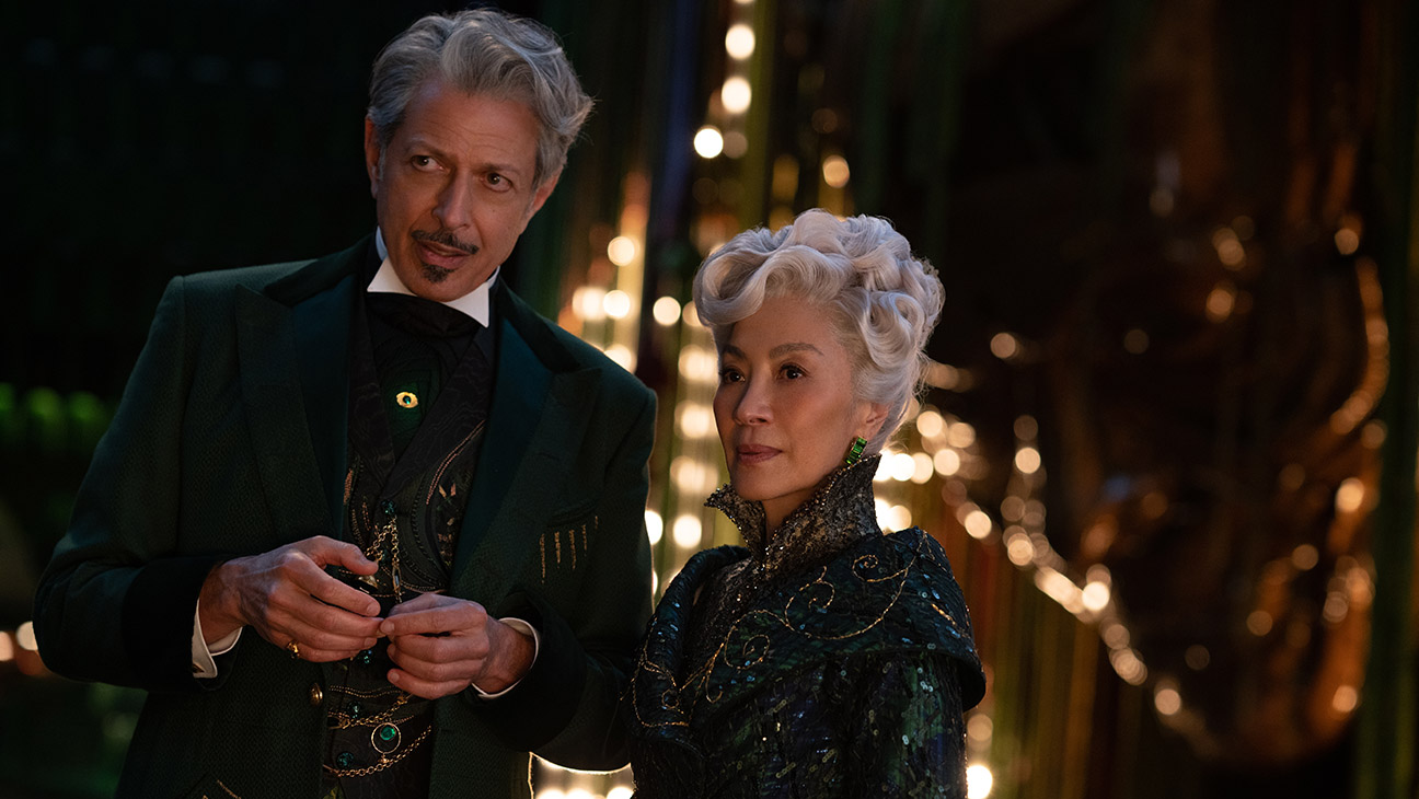 L to R: Jeff Goldblum is The Wizard of Oz and Michelle Yeoh is Madam Morrible in WICKED, directed by Jon M. Chu