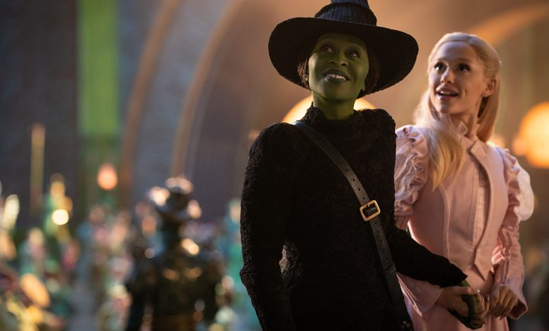 L to R: Cynthia Erivo is Elphaba and Ariana Grande is Glinda in Wicked