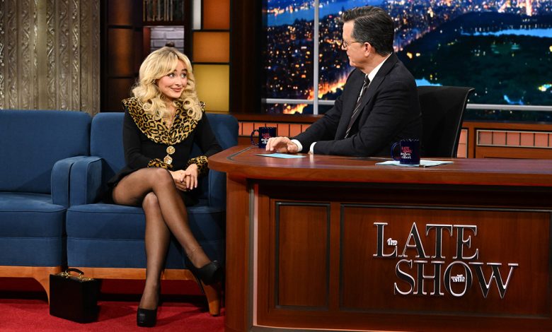 The Late Show with Stephen Colbert and guest Sabrina Carpenter during Thursday’s December 12, 2024 show.