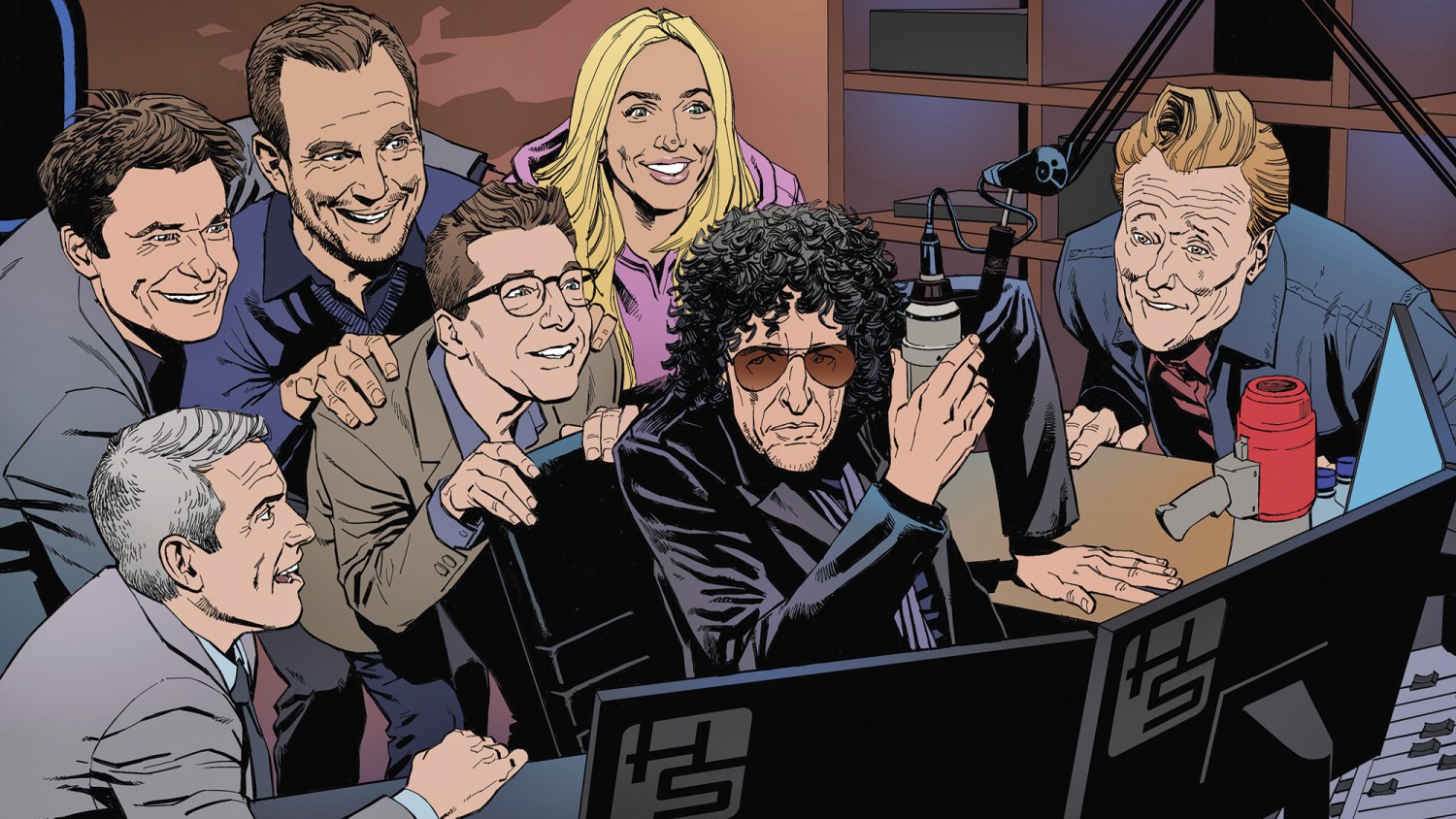 illustration of Howard Stern in a recording studio surrounded by other famous podcast hosts