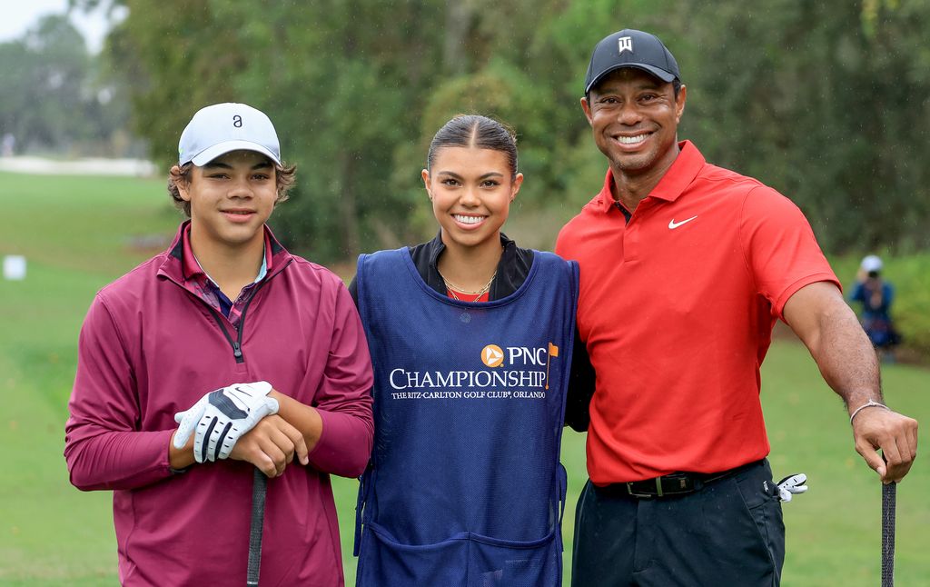 tiger woods with children charlie and sam at pnc championship 2023