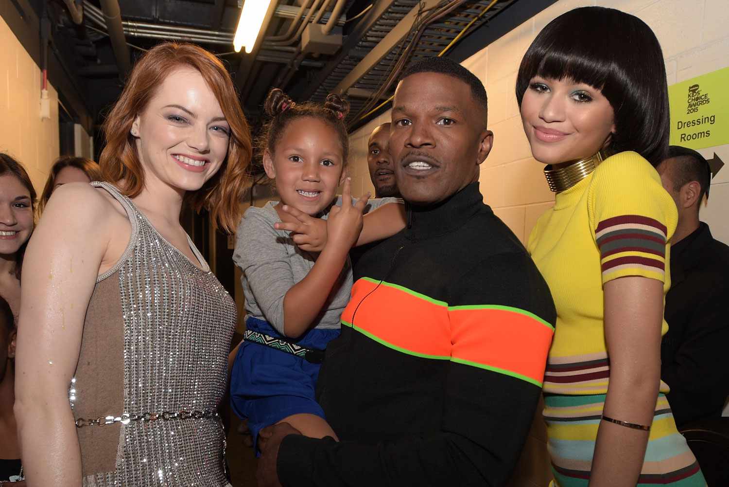 Actress Emma Stone, Annalise Bishop, actor Jamie Foxx and actress Zendaya pose backstage at Nickelodeon's 28th Annual Kids' Choice Awards held at The Forum on March 28, 2015 in Inglewood, California. 