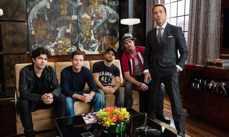 Entourage from left: Adrian Grenier, Kevin Connolly, Jerry Ferrara, Kevin Dillon, Jeremy Piven, 2015.