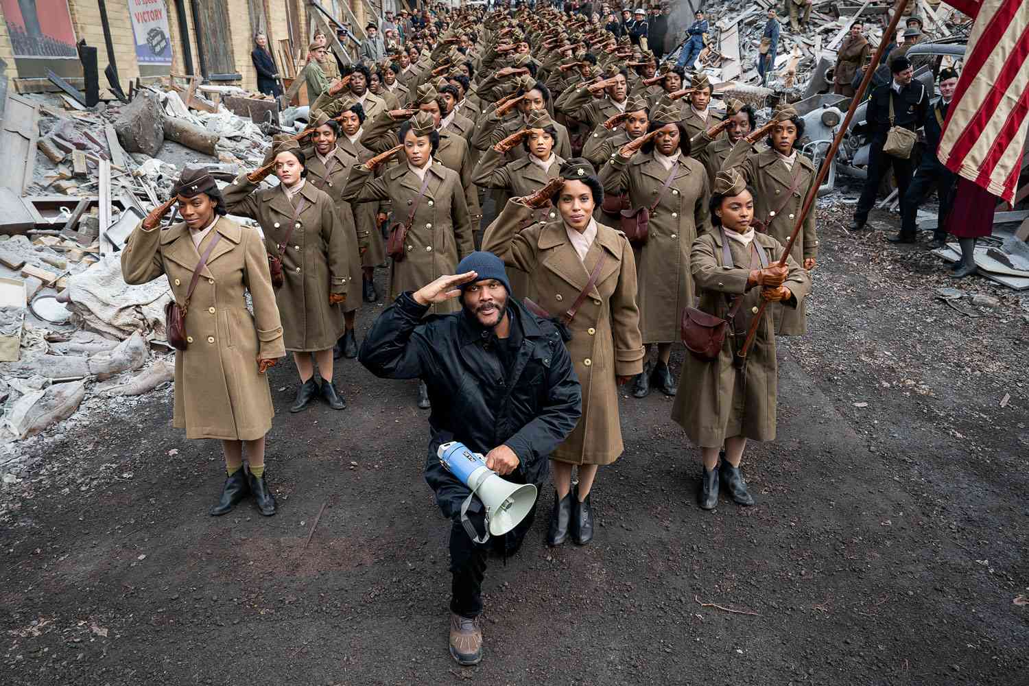 Tyler Perry, Kerry Washington and the cast of 'The Six Triple Eight.'