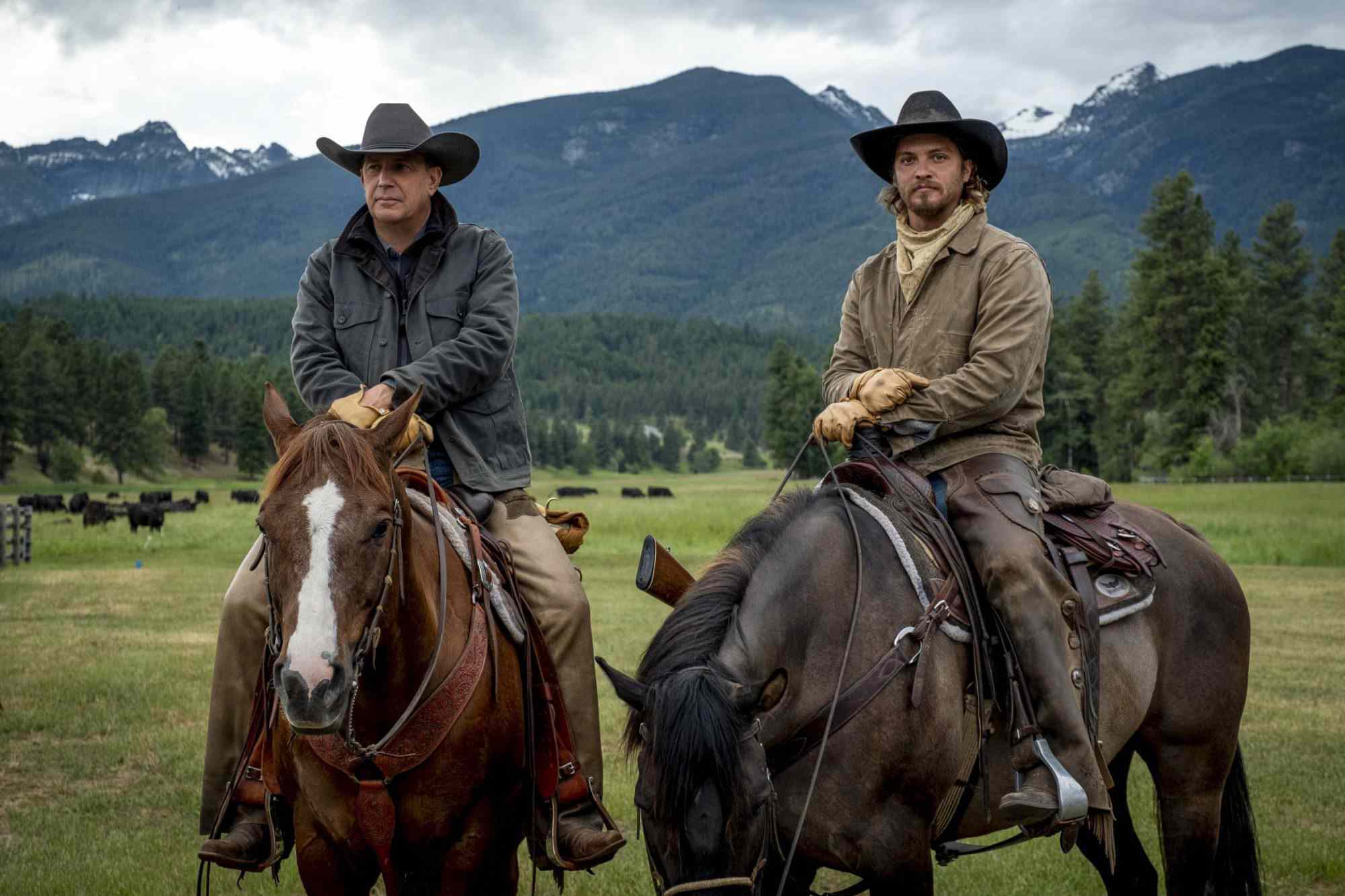 Kevin Costner as John Dutton and Luke Grimes as Kayce Dutton in 'Yellowstone'.