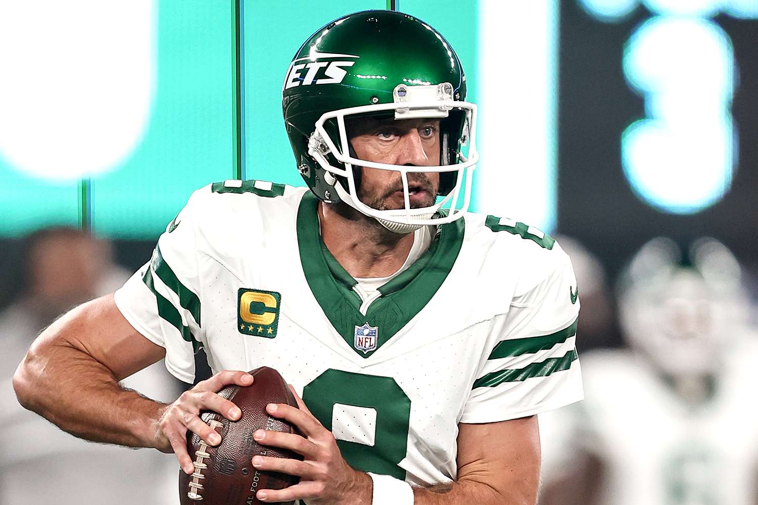 Aaron Rodgers #8 of the New York Jets drops back to pass against the Buffalo Bills during a game at MetLife Stadium on September 11, 2023 in East Rutherford, New Jersey. 