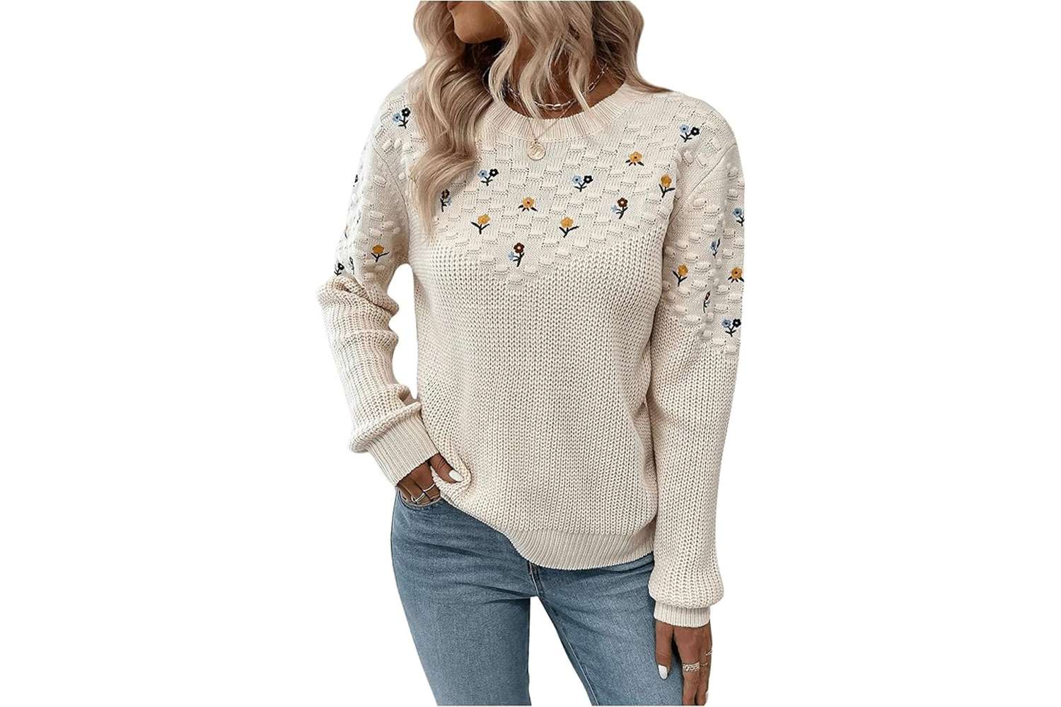 GORGLITTER Women's Floral Embroidered Crochet Sweaters Long Sleeve