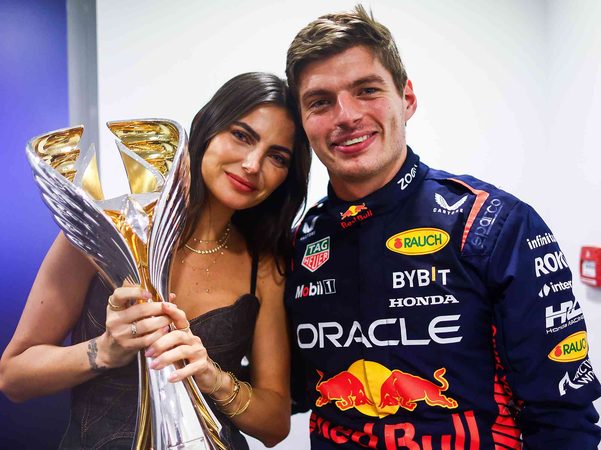 Max Verstappen and Kelly Piquet pose for a photo after the F1 Grand Prix of Abu Dhabi on November 26, 2023. 