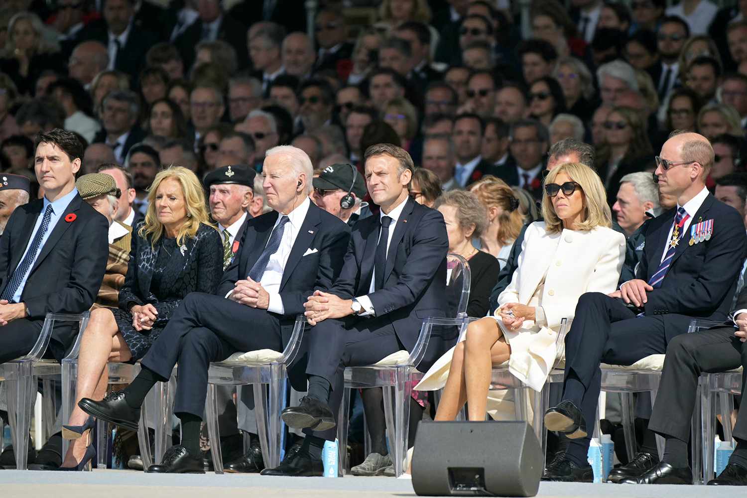 Canadian Prime Minister Justin Trudeau, US First Lady Jill Biden, US President Joe Biden, France's President Emmanuel Macron and his wife Brigitte Macron, Britain's Prince William, Prince of Wales and Australia's Governor-General David Hurley look on as they attend the International commemorative ceremony at Omaha Beach marking the 80th anniversary of the World War II "D-Day" Allied landings on June 6, 2024 in Normandy, Saint-Laurent-sur-Mer, France. The D-Day ceremonies on June 6 this year mark the 80th anniversary since the launch of 'Operation Overlord', a vast military operation by Allied forces in Normandy, which turned the tide of World War II, eventually leading to the liberation of occupied France and the end of the war against Nazi Germany.