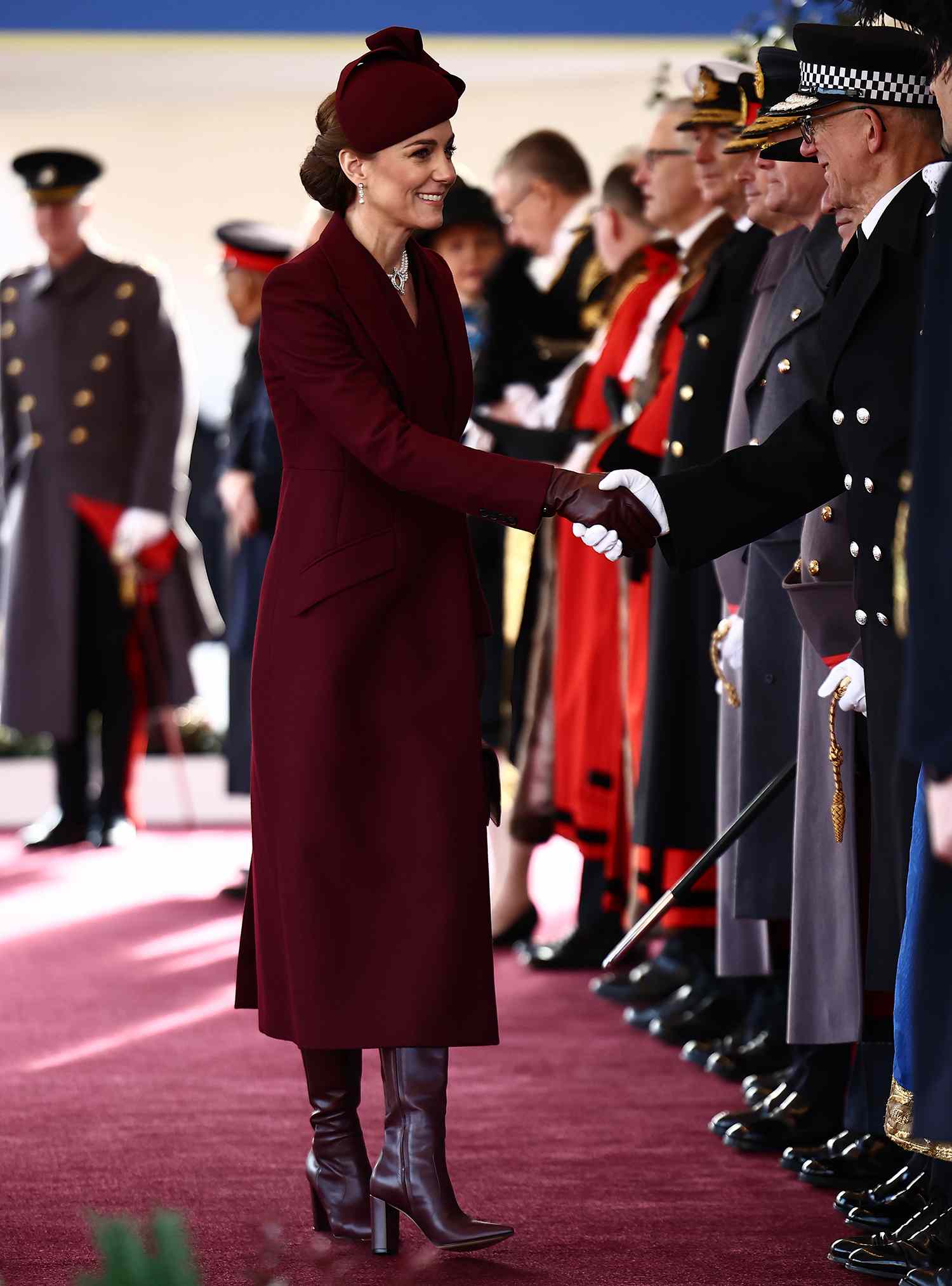 Catherine, Princess of Wales greets dignitaries as she arrives to form part of a Ceremonial Welcome at Horse Guards Parade during day one of The Amir of the State of Qatar's visit to the United Kingdom on December 3, 2024 in London