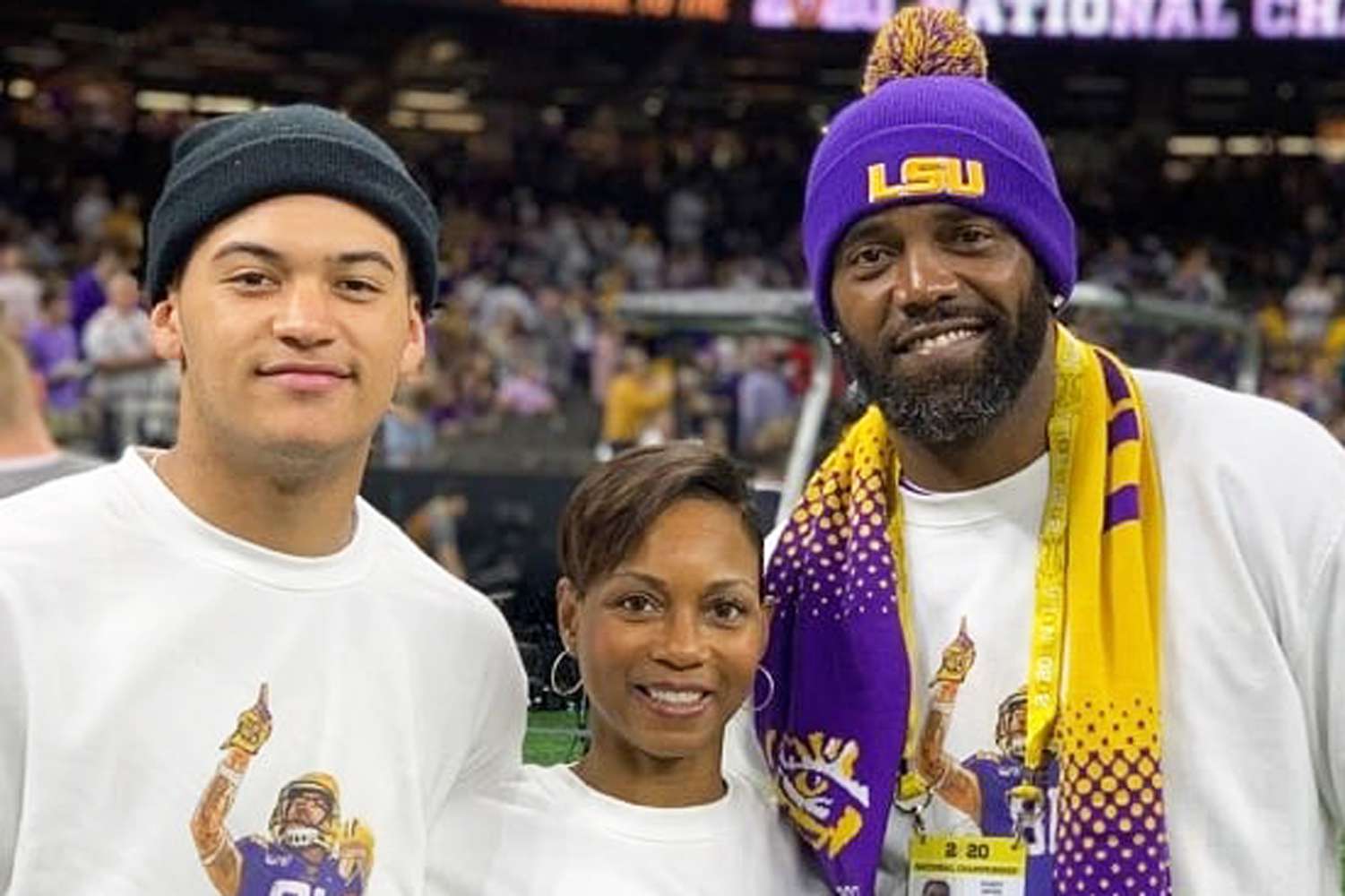 Randy Moss with his son Montigo Navari Moss attend the 2020 NCAA Football Championship game. 