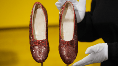 The original ruby slippers worn by the Hollywood actress and singer Judy Garland, in the classic 1939 film