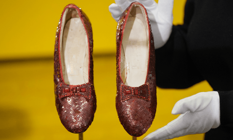 The original ruby slippers worn by the Hollywood actress and singer Judy Garland, in the classic 1939 film