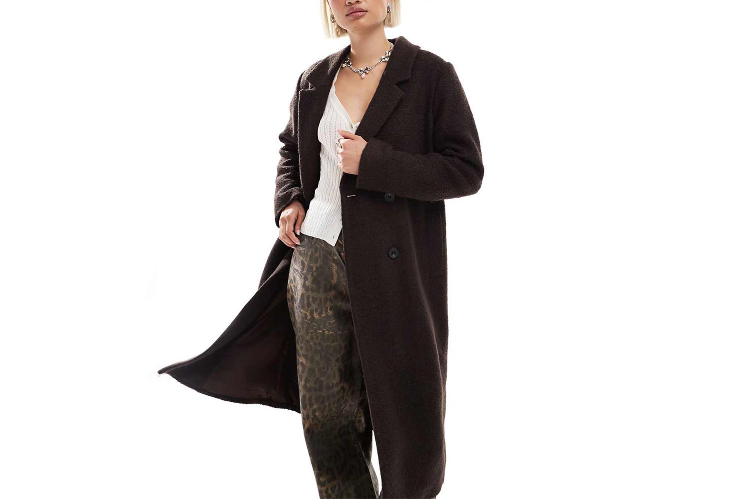 Asos Monki tailored double breasted longline coat in brown