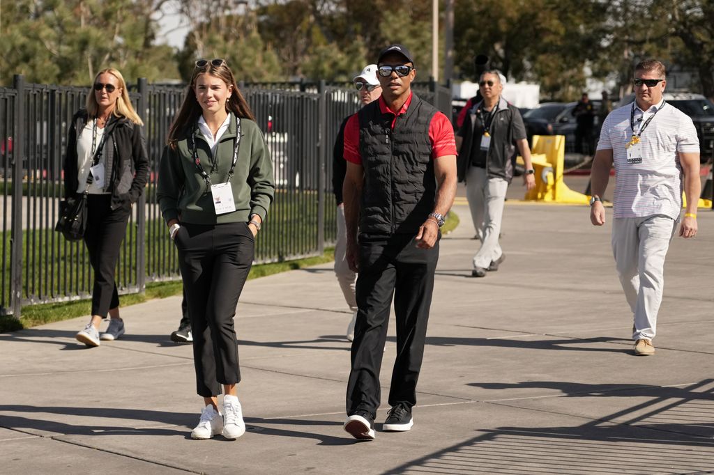 Vaness trump (far L), Kai Trump (L) and Tiger Woods arrive to the course during the final round of The Genesis Invitational 2025 at Torrey Pines Golf Course on February 16, 2025 in La Jolla, California