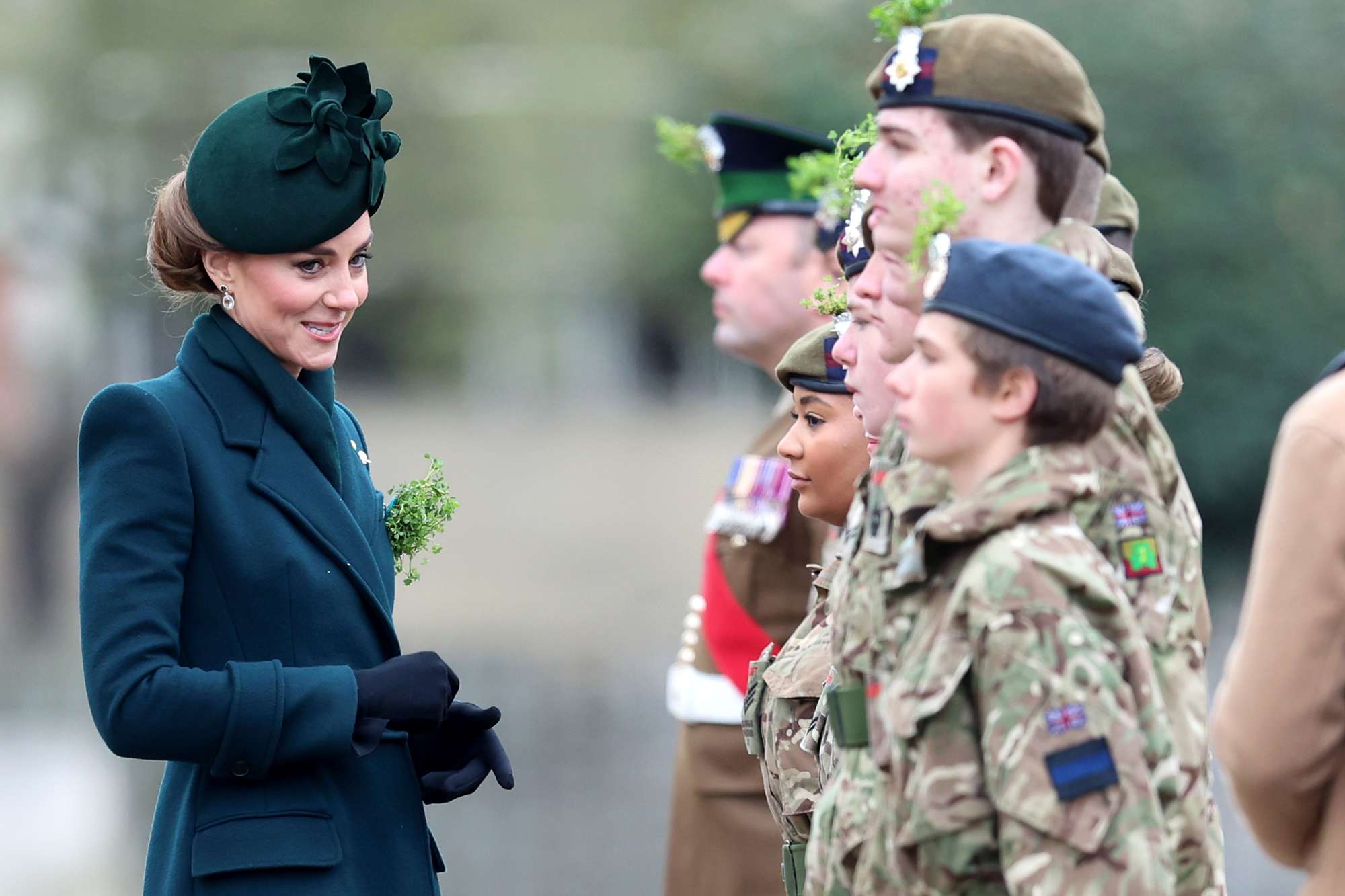 Catherine, Princess of Wales meets 'Mini Micks', who are junior cadets from Northern Ireland, during the 2025 Irish Guards' St. Patrick's Day Parade at Wellington Barracks on March 17, 2025 in London, England. Catherine, Princess of Wales attends the parade as Colonel of the Regiment.