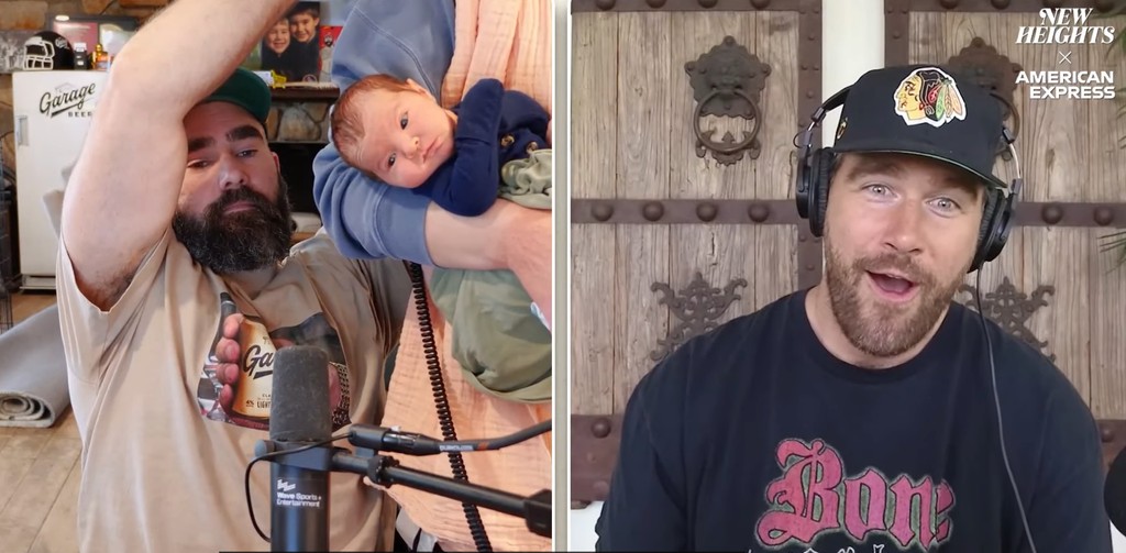 Still from New Heights episode April 2 of Jason Kelce introducing Travis Kelce to his new niece Finnley