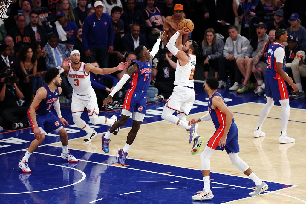 Jalen Brunson #11 of the New York Knicks in action in Game One of the Eastern Conference First Round NBA Playoffs against the Detroit Pistons at Madison Square Garden on April 19, 2025 in New York City.