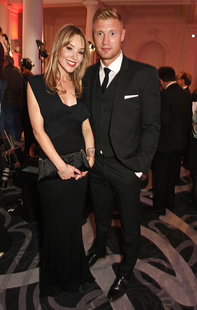 Rachael Wools in a black dress and clutch bag and Freddie Flintoff in a black suit