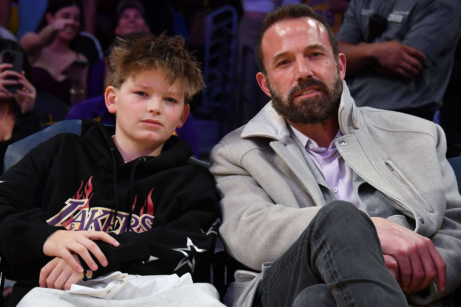  Ben Affleck and Samuel Garner Affleck attend a basketball game between the Los Angeles Lakers and the Minnesota Timberwolves at Crypto.com Arena on February 27, 2025 in Los Angeles, California. 