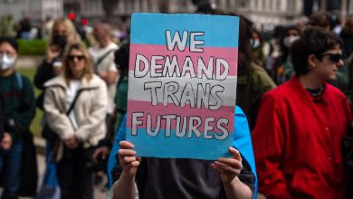 A trans rights activist takes part in a protest last year in London.