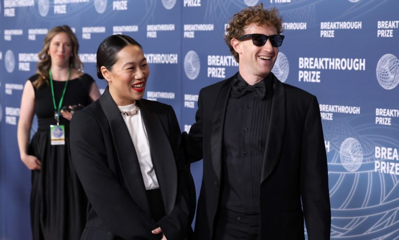 Priscilla Chan and Mark Zuckerberg attend the 11th Breakthrough Prize Ceremony at Barker Hangar on April 5 in Santa Monica.
