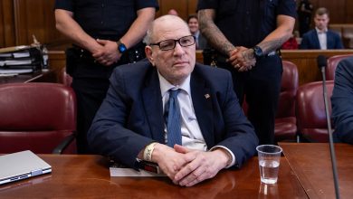 Harvey Weinstein appears in Manhattan Criminal Court for the third day of jury selection in his retrial, in New York City, April 17, 2025.