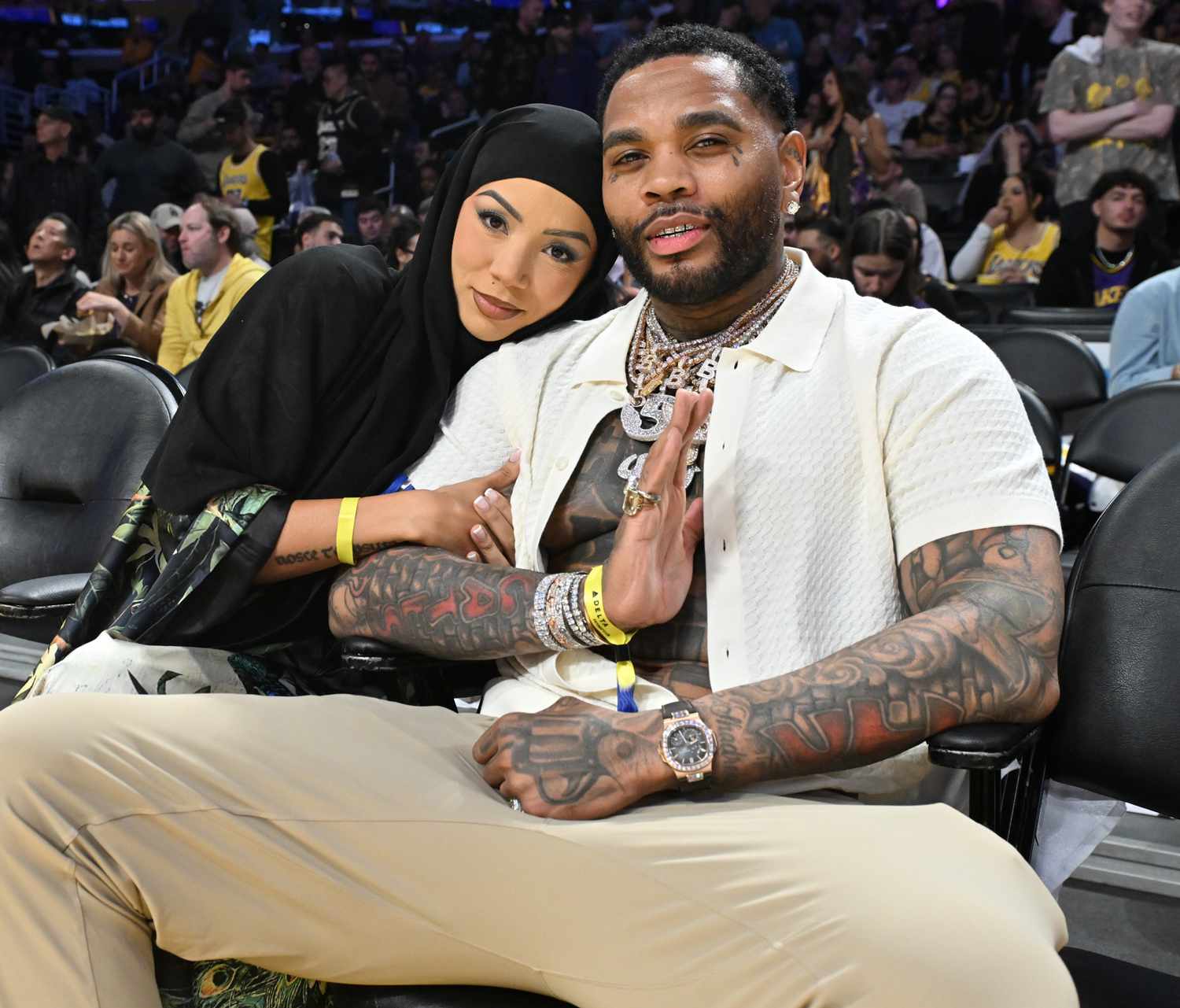 Brittany Renner and Kevin Gates attend a basketball game between the Los Angeles Lakers and the Minnesota Timberwolves at Crypto.com Arena on April 22, 2025 in Los Angeles, California