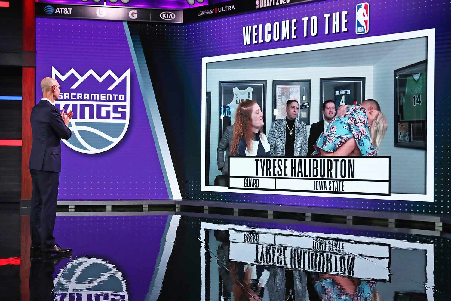 NBA Commissioner, Adam Silver reacts to the Sacramento Kings number twelve overall pick of Tyrese Haliburton during the 2020 NBA Draft on November 18, 2020 in Bristol, Connecticut at ESPN Headquarters.