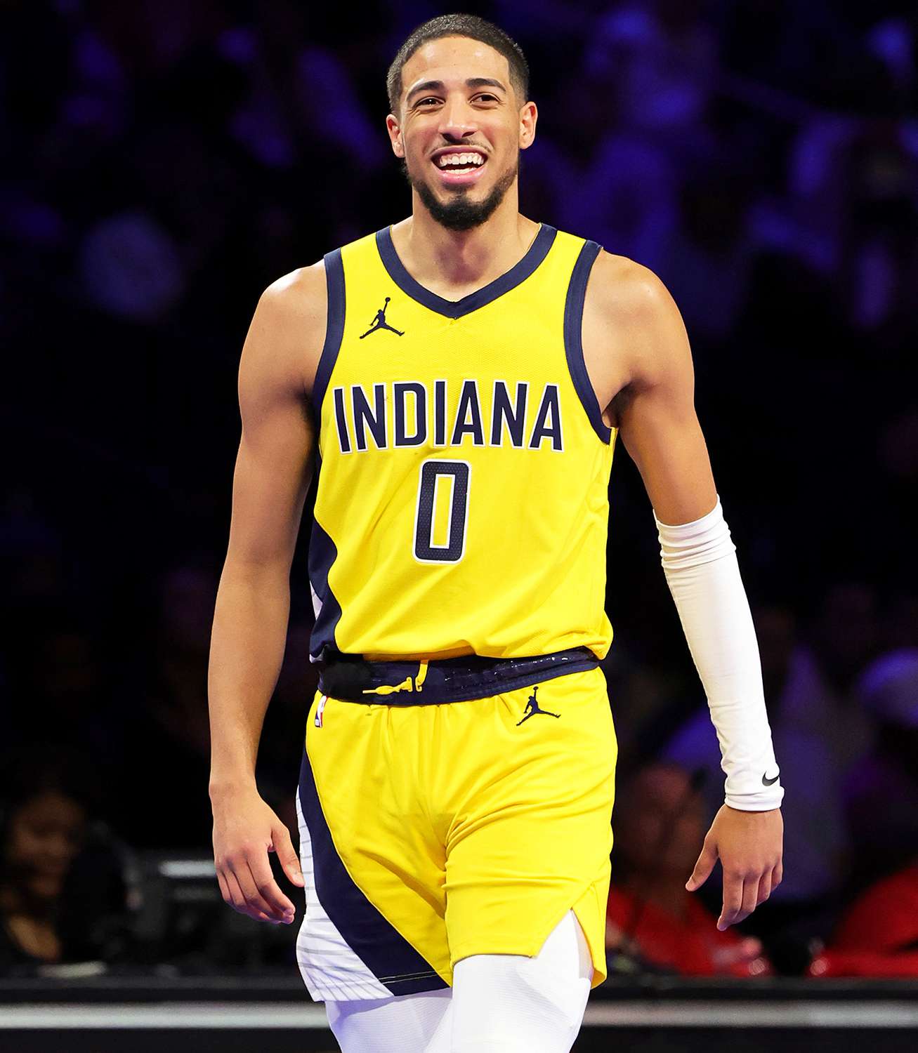 Tyrese Haliburton #0 of the Indiana Pacers smiles on the court in the second half of the East semifinal game of the inaugural NBA In-Season Tournament against the Milwaukee Bucks at T-Mobile Arena on December 07, 2023 in Las Vegas, Nevada.