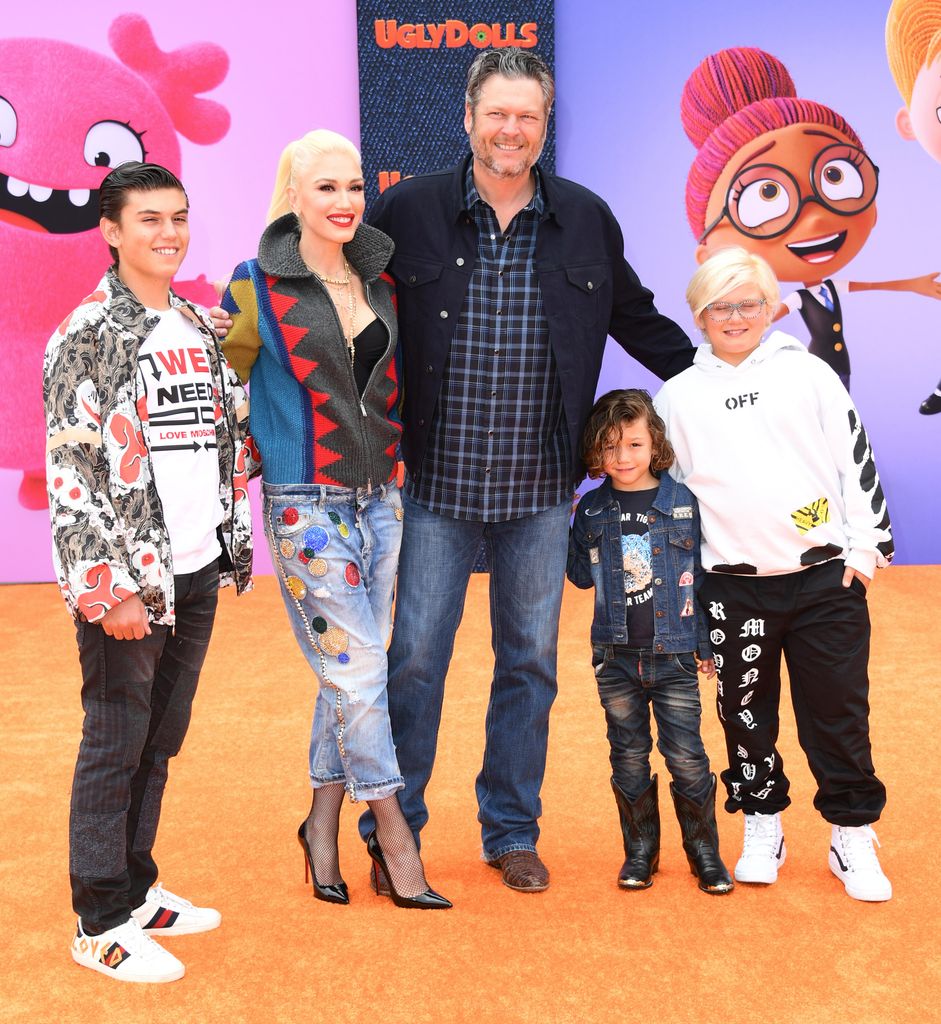 Kingston Rossdale, Gwen Stefani, Blake Shelton, Apollo Rossdale, and Zuma Rossdale attend STX Films World Premiere Of "UglyDolls"