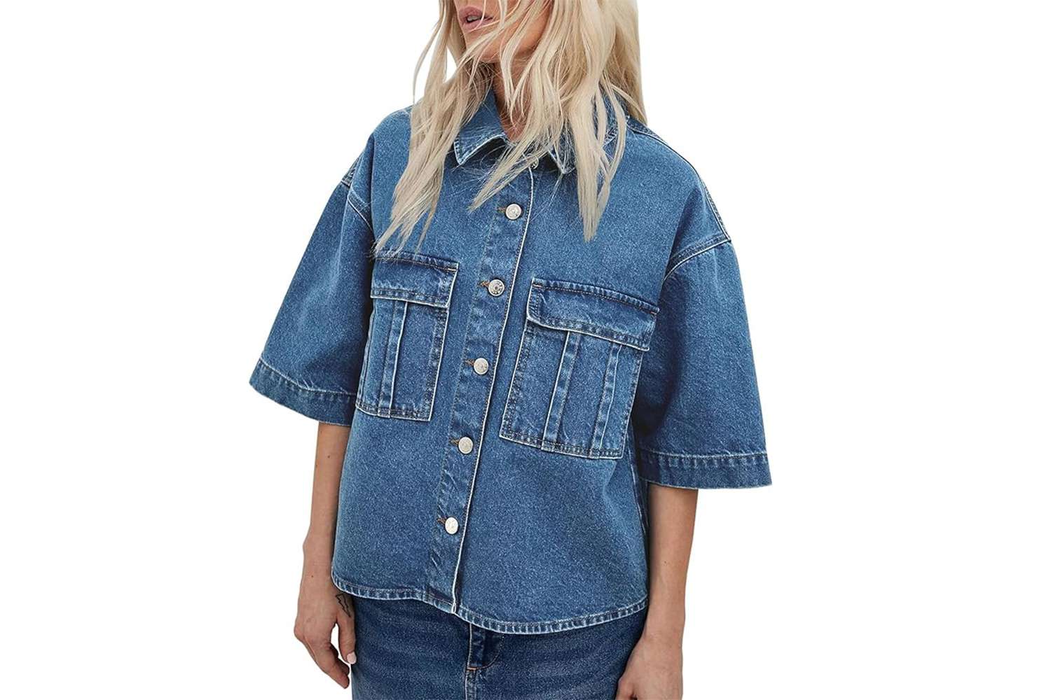 Imily Bela Womens Oversized Short Sleeve Denim Jackets Trendy Cropped Jean Tops Shackets