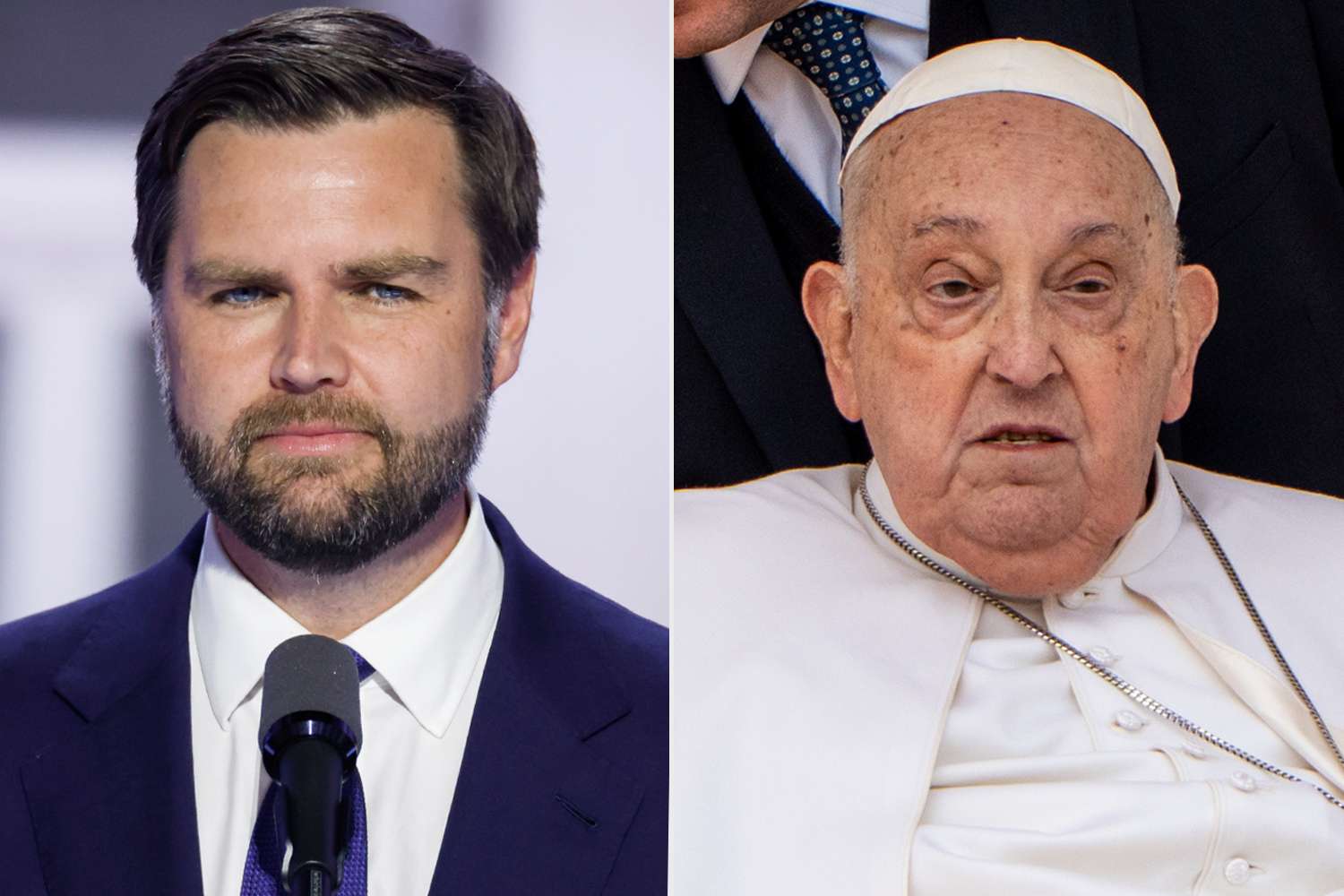 J.D. Vance (R-OH) speaks on stage on the third day of the Republican National Convention; Pope Francis arrives at St. Peter's Square in a wheelchair for a mass on Palm Sunday 