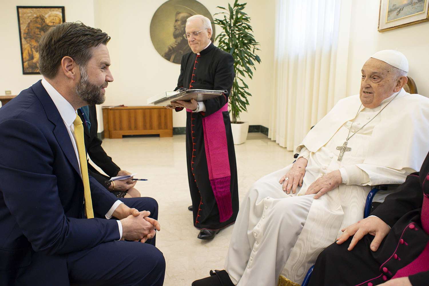 Pope Francis meets with U.S. Vice President JD Vance and delegation during an audience at Casa Santa Marta on April 20, 2025 in Vatican City