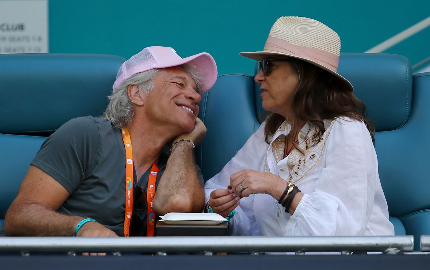 Jon Bon Jovi and his wife Dorothea Hurley attend the Aryna Sabalenka and Jasmine Paolini of Italy match for the women's semifinal on Day 10 of the Miami Open at Hard Rock Stadium on March 27, 2025 in Miami Gardens, Florida