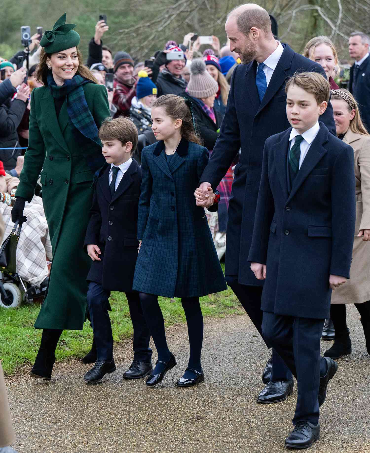 Catherine, Princess of Walesm Prince Louis of Wales, Princess Charlotte of Wales, Prince William, Prince of Wales and Prince George of Wales attend the Christmas Morning Service at Sandringham Church